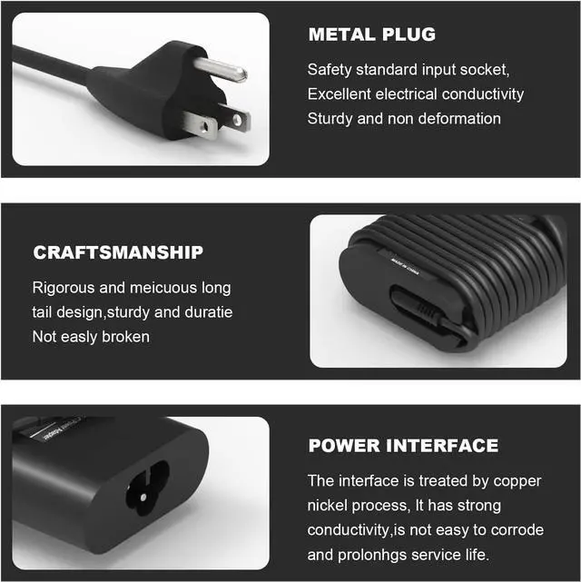 Alt view image 3 of 7 - 65w 45w USB-C Type C Laptop Charger Replacement for Dell Latitude 7275 7370 5420 5285 5290 5520 XPS 13 9250 9360 9365 9370 9380 9350 9550 Chromebook 3100 3400 5190 la65nm170 02YK0F Adapter Power Cord