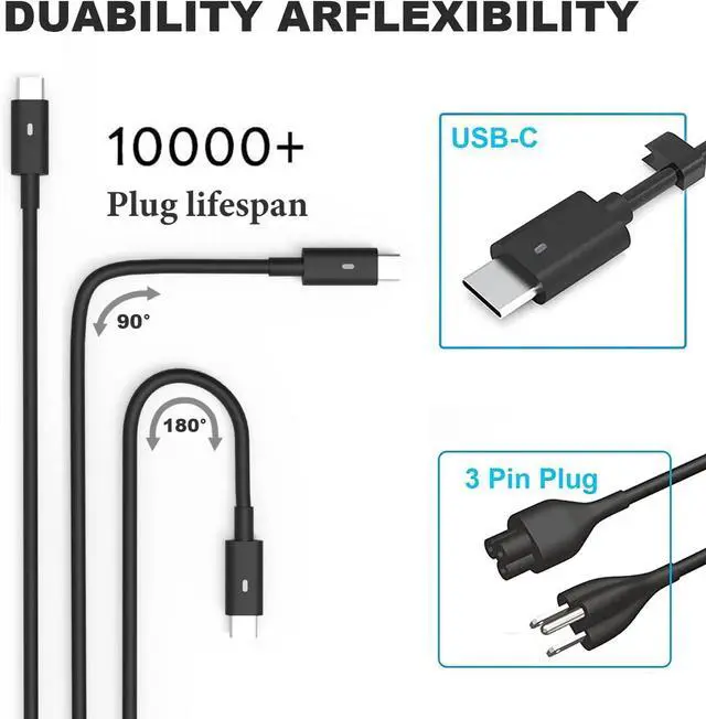 Alt view image 4 of 7 - 65w 45w USB-C Type C Laptop Charger Replacement for Dell Latitude 7275 7370 5420 5285 5290 5520 XPS 13 9250 9360 9365 9370 9380 9350 9550 Chromebook 3100 3400 5190 la65nm170 02YK0F Adapter Power Cord