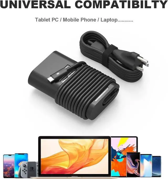 Alt view image 7 of 7 - 65w 45w USB-C Type C Laptop Charger Replacement for Dell Latitude 7275 7370 5420 5285 5290 5520 XPS 13 9250 9360 9365 9370 9380 9350 9550 Chromebook 3100 3400 5190 la65nm170 02YK0F Adapter Power Cord