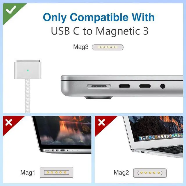 Alt view image 2 of 7 - USB-C to Magnetic 3 Cable, Compatible with Mac Book Pro/Air (2021 to 2024) (M1,M2,M3,M4 & 14-16 inch) - Nylon Braided 6.6 Ft