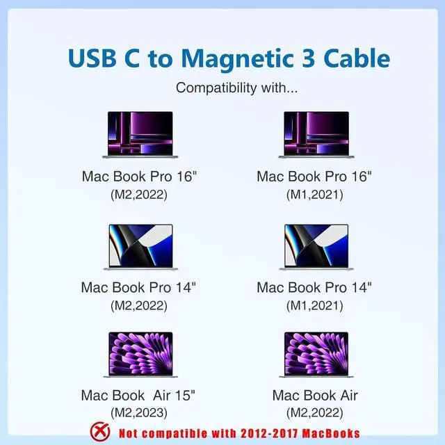Alt view image 3 of 7 - USB-C to Magnetic 3 Cable, Compatible with Mac Book Pro/Air (2021 to 2024) (M1,M2,M3,M4 & 14-16 inch) - Nylon Braided 6.6 Ft