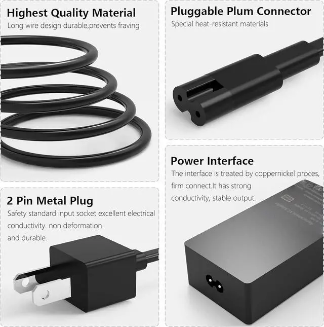 Alt view image 4 of 7 - Surface Pro Charger - 65W Power Adapter, Compatible with Microsoft Surface Pro/Book/Go Tablet 9 8 7+ 6 5 4 3 X.Support 44W, 36W, 24W.