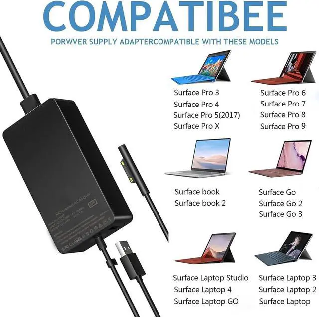 Alt view image 6 of 7 - Surface Pro Charger - 65W Power Adapter, Compatible with Microsoft Surface Pro/Book/Go Tablet 9 8 7+ 6 5 4 3 X.Support 44W, 36W, 24W.