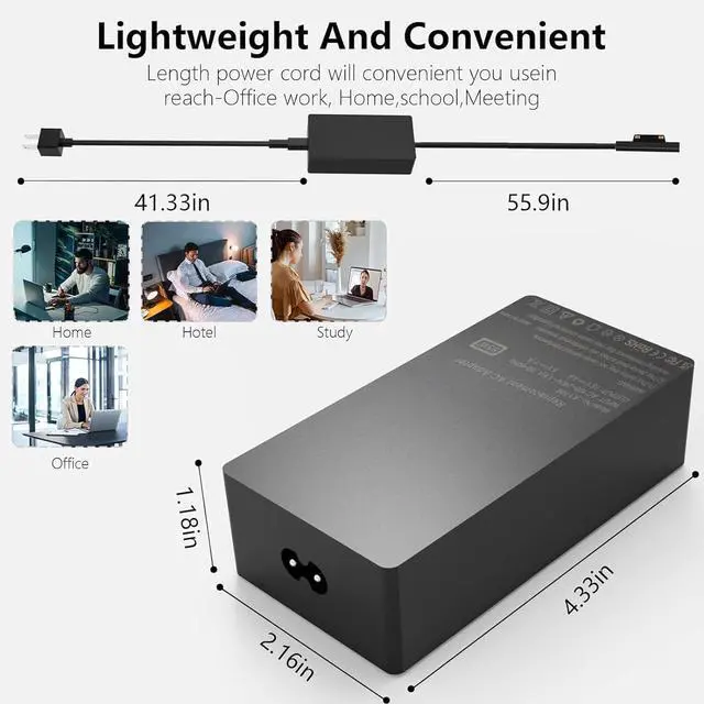 Alt view image 7 of 7 - Surface Pro Charger - 65W Power Adapter, Compatible with Microsoft Surface Pro/Book/Go Tablet 9 8 7+ 6 5 4 3 X.Support 44W, 36W, 24W.