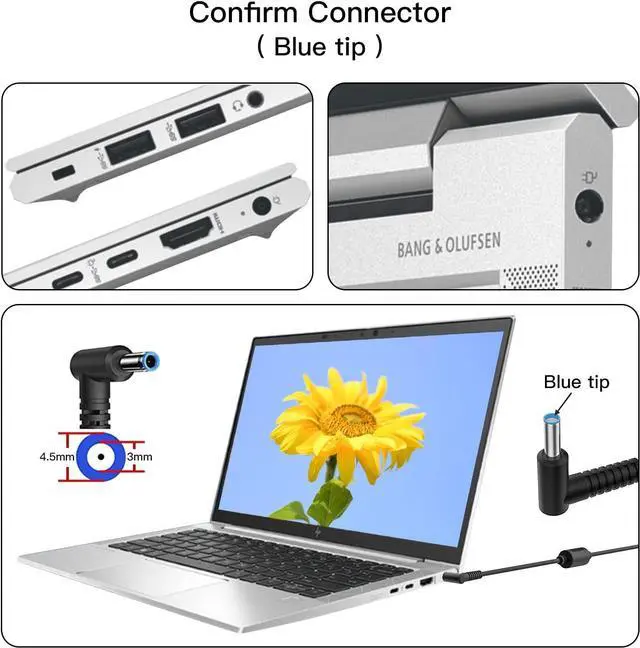 Alt view image 9 of 14 - 65W Laptop Charger for HP Envy 13 15 17 15-1039wm,Pavilion x360 11 13 15,EliteBook 820 830 840 850 G6 G3 G4 G5 G7-45W AC Power Supply Cord