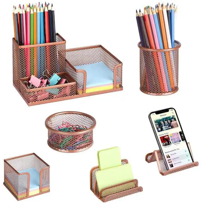 Main image of Desk Organizer for Office, 6 Pieces Mesh Desk Multi-functional Storage Set Office Supplies Accessories (Rose Gold)