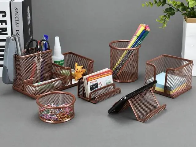 Alt view image 3 of 7 - Desk Organizer for Office, 6 Pieces Mesh Desk Multi-functional Storage Set Office Supplies Accessories (Rose Gold)