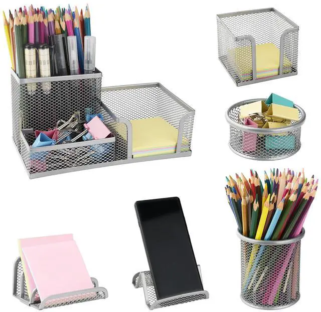 Main image of Desk Organizer for Office, 6 Pieces Mesh Desk Multi-functional Storage Set Office Supplies Accessories (Silver)