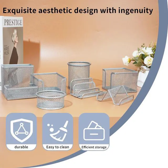 Alt view image 6 of 6 - Desk Organizer for Office, 6 Pieces Mesh Desk Multi-functional Storage Set Office Supplies Accessories (Silver)