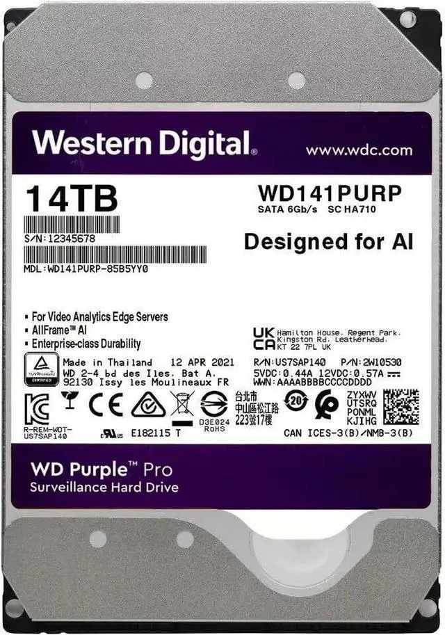 Alt view image 4 of 8 - Western Digital Purple Pro WD141PURP 14 TB Hard Drive - 3.5" Internal - SATA (SATA/600) - Conventional Magnetic Recording (CMR) Method WD141PURP