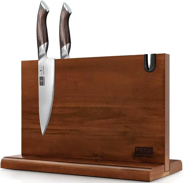 Main image of HOSHANHO Magnetic Knife Block 14 x 10 Inches, Double Sided Magnetic Knife Holder Rack for Kitchen Counter, Acacia Wood Magnetic Knife Storage Stand with Knife Sharpener