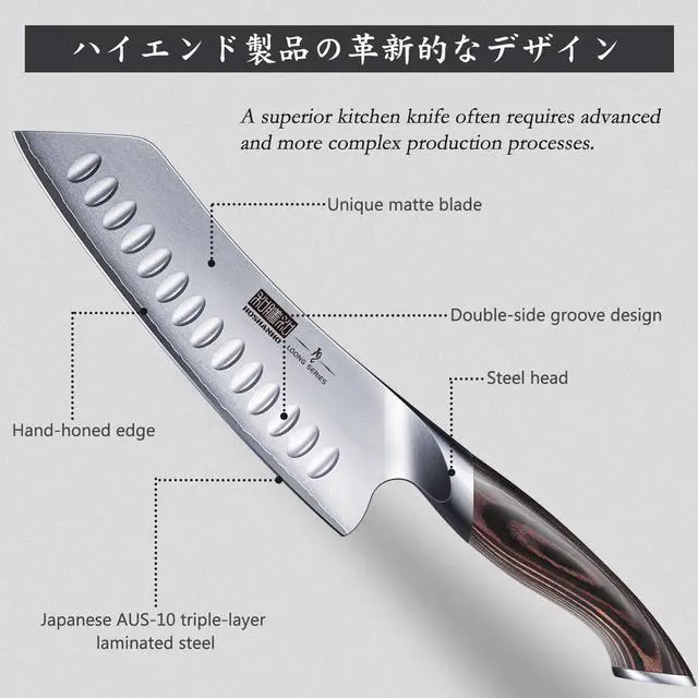 Alt view image 3 of 7 - HOSHANHO 7 Inch Japanese Chef Knife, Ultra Sharp High Carbon Stainless Steel AUS-10 Kitchen Knife, Professional Santoku Knives with Ergonomic Pakkawood Handle