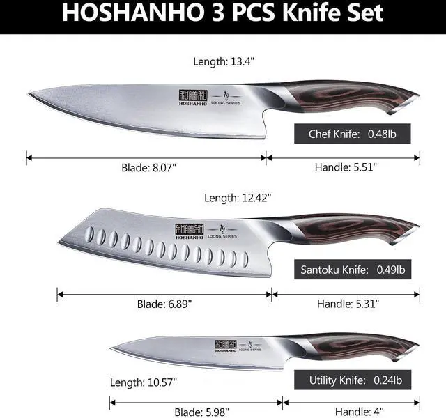 Alt view image 2 of 6 - HOSHANHO 3 Pieces Knife Set, Professional Japanese AUS-10 Stainless Steel Kitchen Knife Set, Ultra Sharp Chef Knives Sets with Ergonomic Pakkawood Handle