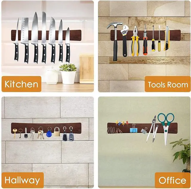 Alt view image 6 of 7 - HOSHANHO Magnetic Knife Strips, Magnetic Knife Holder for Wall 16 Inch, Acacia Wood Knife Magnetic Strip Use as Knife Bar, Knife Holder for Kitchen Utensil Organizer