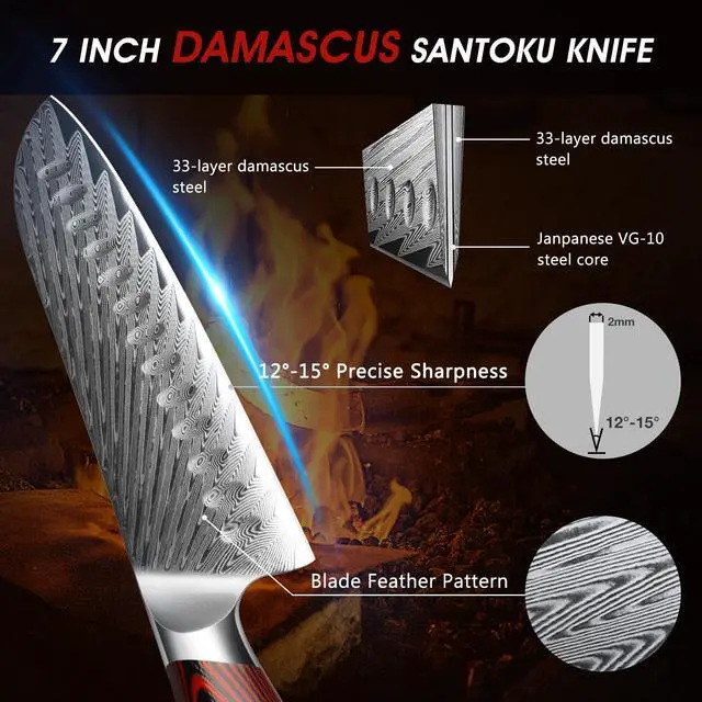 Alt view image 2 of 7 - HOSHANHO Damascus Santoku Knife, 7 Inch Professiona Kitchen KnifeVG-10 Damascus Steel Ultra-Sharp Santoku Chef Knife with Ergonomic G10 Handle