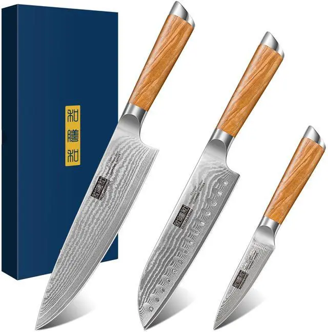 Main image of HOSHANHO Damascus Kitchen Knife Set 3-Piece, Ultra Sharp 8" Chef Knife, 7" Santoku Knife, 3.75" Paring Knife, Professional VG-10 Damascus Super Steel Chef Knife Set with Ergonomic Handle