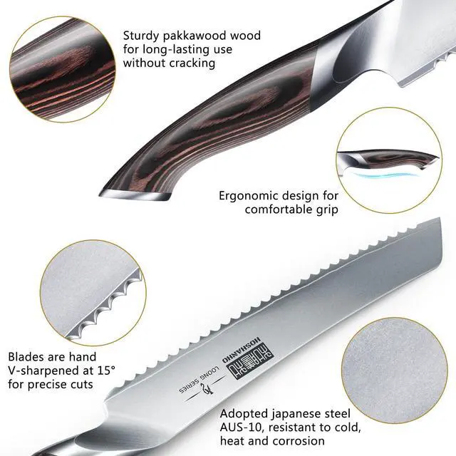 Alt view image 2 of 6 - HOSHANHO Bread Knife 8 inch, Japanese AUS-10 High Carbon Stainless Steel Serrated Bread Knife, Professional Bread Cutting Knife for Homemade Bread