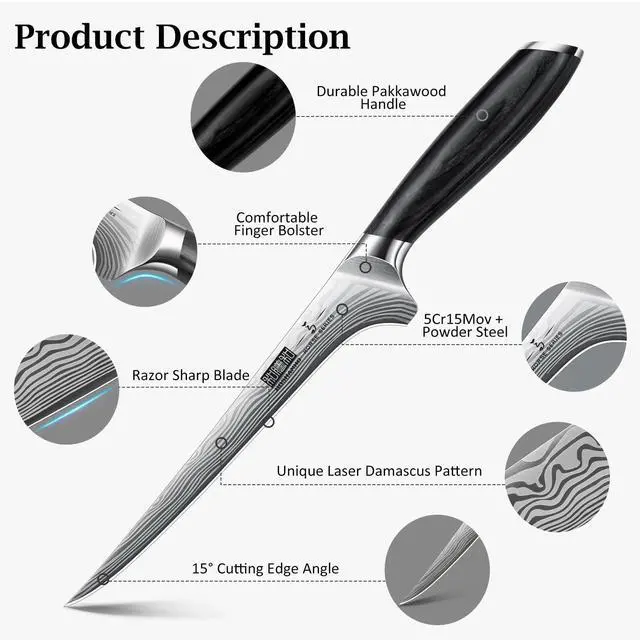 Alt view image 2 of 6 - HOSHANHO Fillet Knife 7 Inch, Razor Sharp Boning Knife for Meat Poultry Chicken Cutting, Japanese High Carbon Powder Steel Fish Knives with Flexible Blade and Pakkawood Handle