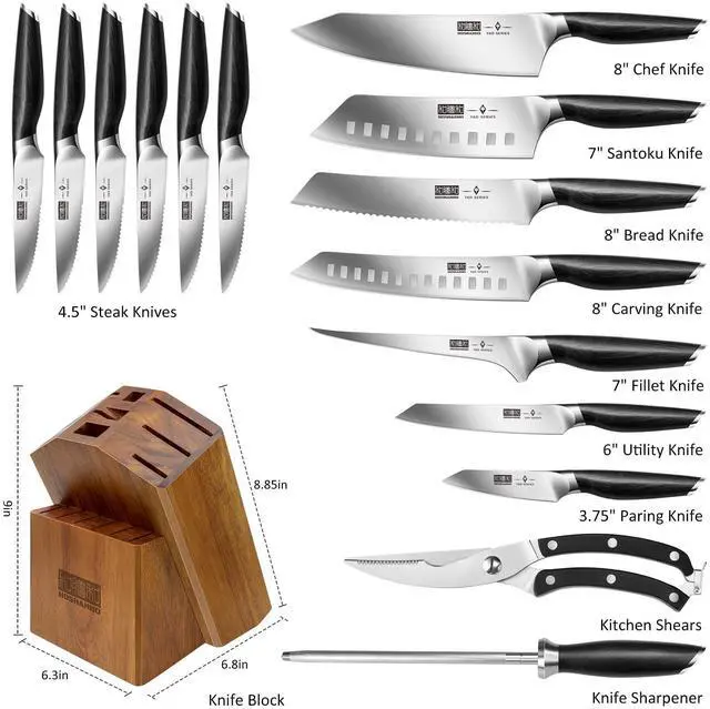 Alt view image 4 of 7 - HOSHANHO 16-Piece Kitchen Knife Set with Block, Powder Steel High Carbon Steel Knife Block Set, Ultra Sharp Professional Chef Knife Set with Sharpener