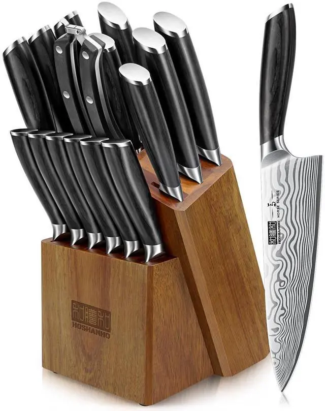 Main image of HOSHANHO 16-Piece Knife Set with Block, Ultra Sharp High Carbon Powder Steel Knife Block Set, Chef Knife Set Professional Kitchen Knives Set with Sharpener and Pakkawood Handle