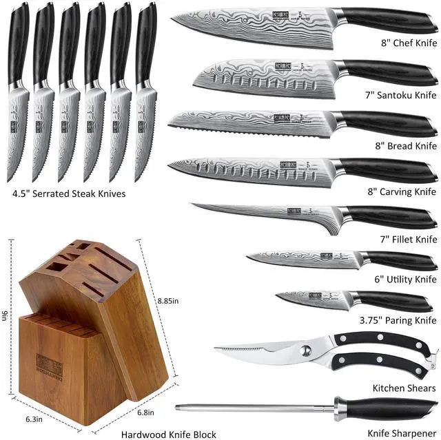 Alt view image 2 of 7 - HOSHANHO 16-Piece Knife Set with Block, Ultra Sharp High Carbon Powder Steel Knife Block Set, Chef Knife Set Professional Kitchen Knives Set with Sharpener and Pakkawood Handle