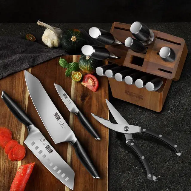 Alt view image 7 of 7 - HOSHANHO 16-Piece Kitchen Knife Set with Block, Powder Steel High Carbon Steel Knife Block Set, Ultra Sharp Professional Chef Knife Set with Sharpener