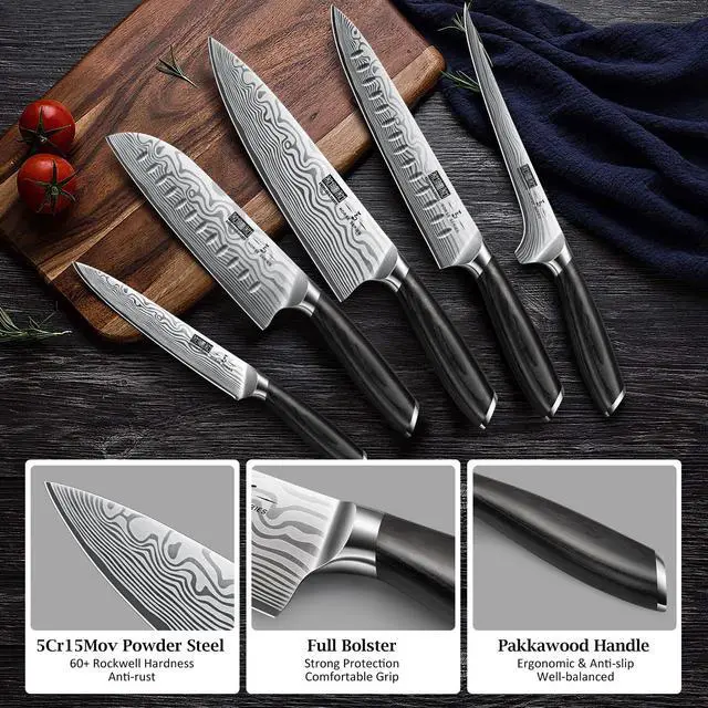 Alt view image 4 of 7 - HOSHANHO 16-Piece Knife Set with Block, Ultra Sharp High Carbon Powder Steel Knife Block Set, Chef Knife Set Professional Kitchen Knives Set with Sharpener and Pakkawood Handle