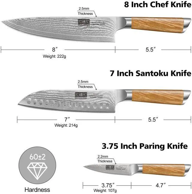 Alt view image 2 of 7 - HOSHANHO Damascus Kitchen Knife Set 3-Piece, Ultra Sharp 8" Chef Knife, 7" Santoku Knife, 3.75" Paring Knife, Professional VG-10 Damascus Super Steel Chef Knife Set with Ergonomic Handle