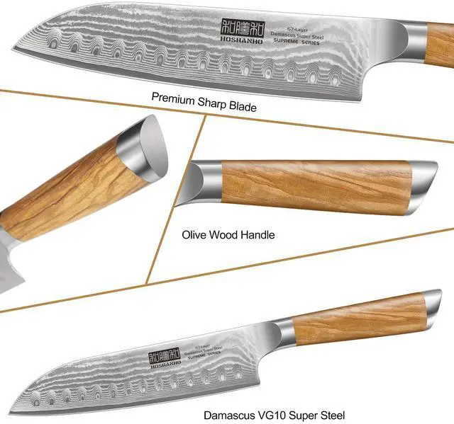 Alt view image 4 of 7 - HOSHANHO Damascus Kitchen Knife Set 3-Piece, Ultra Sharp 8" Chef Knife, 7" Santoku Knife, 3.75" Paring Knife, Professional VG-10 Damascus Super Steel Chef Knife Set with Ergonomic Handle