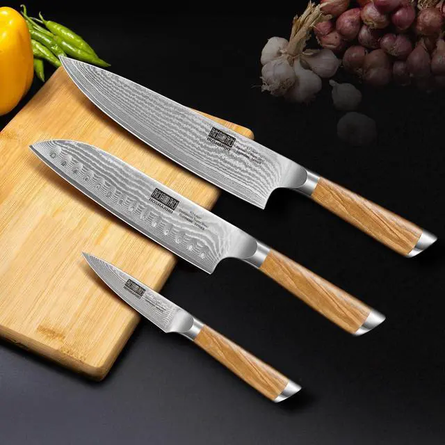 Alt view image 5 of 7 - HOSHANHO Damascus Kitchen Knife Set 3-Piece, Ultra Sharp 8" Chef Knife, 7" Santoku Knife, 3.75" Paring Knife, Professional VG-10 Damascus Super Steel Chef Knife Set with Ergonomic Handle