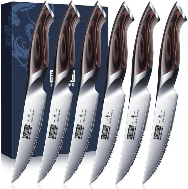 Main image of HOSHANHO Steak Knives Set of 6, Ultra Sharp 4.5 Inch Serrated Steak Knife Set, Japanese AUS-10 High Carbon Steel Kitchen Steak Knives with Ergonomic Handle