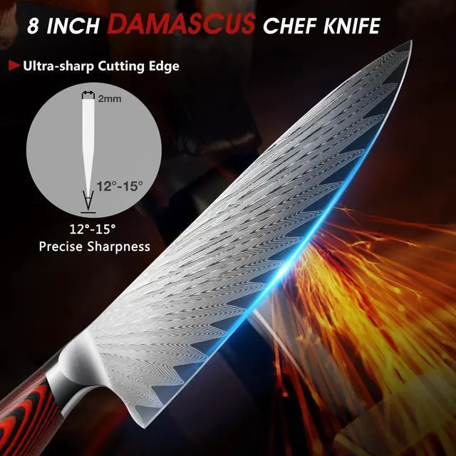 Alt view image 3 of 7 - HOSHANHO 8 Inch Damascus Chef Knife, Professional VG-10 Damascus Super Steel Kitchen Knife, Ultra Sharp Cooking Knife with Ergonomic G10 Handle