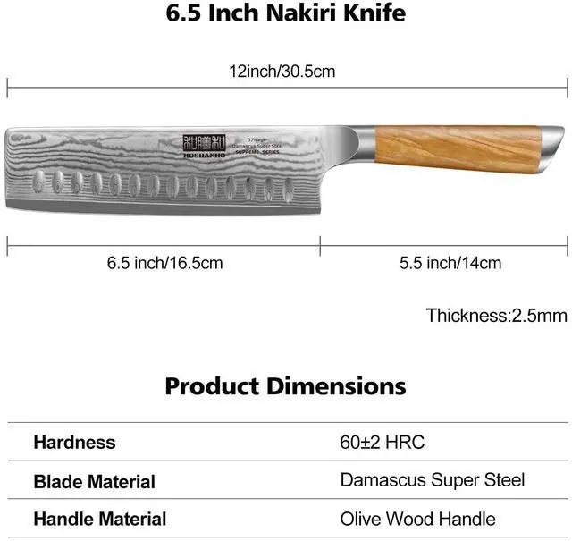 Alt view image 2 of 7 - HOSHANHO Damascus Nakiri Knife 6.5 Inch, Super Sharp Damascus VG-10 Japanese Kitchen Knife, Cleaver and Vegetable Knife with Ergonomic Olive Wood Handle