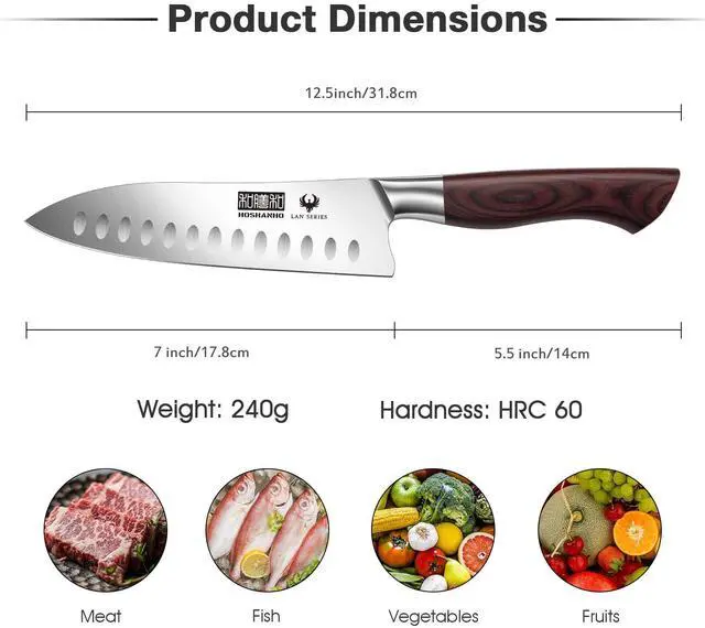 Alt view image 2 of 7 - HOSHANHO Santoku Knife 7 Inch, Professional High Carbon Stainless Steel Kitchen Knife, Super Sharp Cooking Knife with Ergonomic Wood Handle