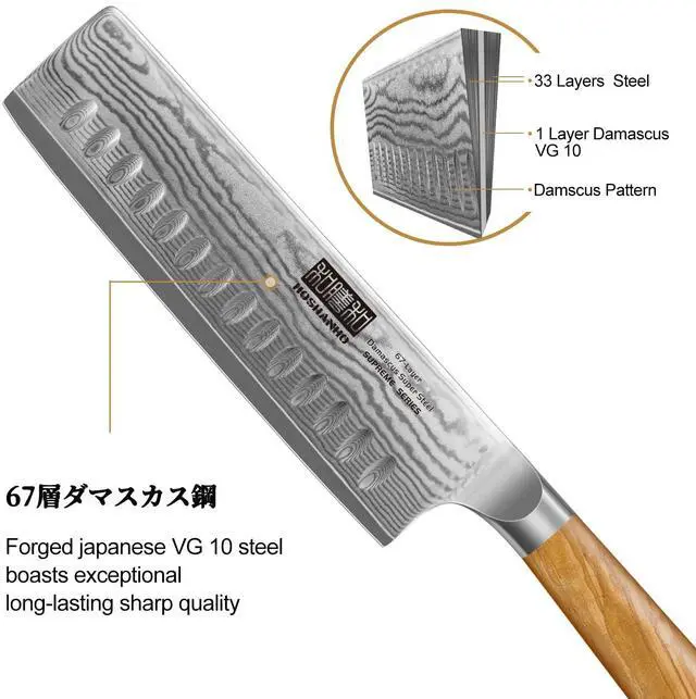 Alt view image 3 of 7 - HOSHANHO Damascus Nakiri Knife 6.5 Inch, Super Sharp Damascus VG-10 Japanese Kitchen Knife, Cleaver and Vegetable Knife with Ergonomic Olive Wood Handle