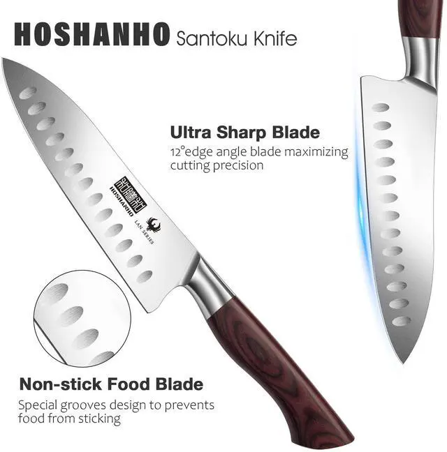 Alt view image 3 of 7 - HOSHANHO Santoku Knife 7 Inch, Professional High Carbon Stainless Steel Kitchen Knife, Super Sharp Cooking Knife with Ergonomic Wood Handle