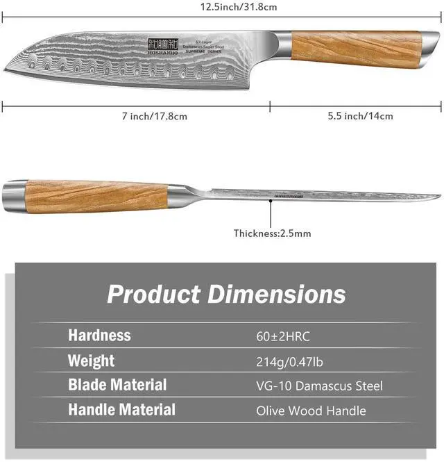 Alt view image 2 of 7 - HOSHANHO Damascus Santoku Knife 7 Inch, Professional Japanese Damascus Super Steel Kitchen Knife, Sharp Cooking Knife with Durable Ergonomic Olive Wood Handle