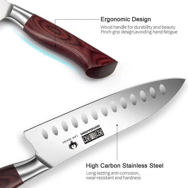 Alt view image 4 of 7 - HOSHANHO Santoku Knife 7 Inch, Professional High Carbon Stainless Steel Kitchen Knife, Super Sharp Cooking Knife with Ergonomic Wood Handle