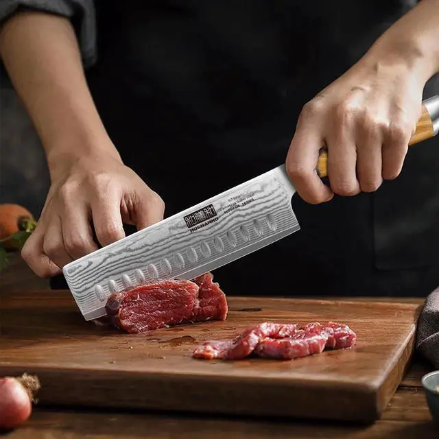 Alt view image 5 of 7 - HOSHANHO Damascus Nakiri Knife 6.5 Inch, Super Sharp Damascus VG-10 Japanese Kitchen Knife, Cleaver and Vegetable Knife with Ergonomic Olive Wood Handle