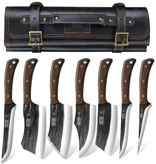 Main image of HOSHANHO Butcher Knife Set, Hand Forged Butcher Chef Knife Set with Roll Bag, Sharp Kitchen Knife Set of Meat Cleaver Knife Bone Chopper Knife Fillet Knife Set for Home & Camping & BBQ Gift for Men