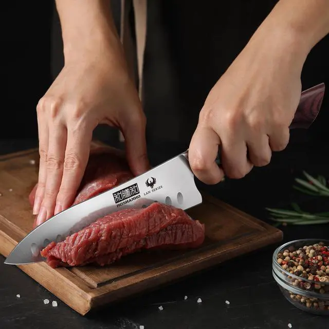 Alt view image 7 of 7 - HOSHANHO Santoku Knife 7 Inch, Professional High Carbon Stainless Steel Kitchen Knife, Super Sharp Cooking Knife with Ergonomic Wood Handle