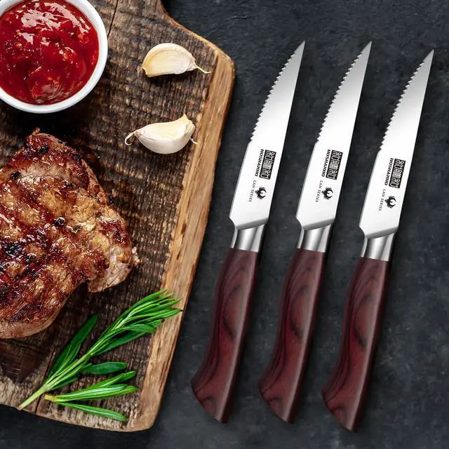 Alt view image 5 of 7 - HOSHANHO Steak Knife Set 8 Pieces, 4.5 Inch Super Sharp High Carbon Stainless Steel Steak Knife Set, Professional Premium Serrated Precise Cutting with Ergonomic Wood Handle