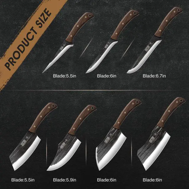 Alt view image 2 of 7 - HOSHANHO Butcher Knife Set, Hand Forged Butcher Chef Knife Set with Roll Bag, Sharp Kitchen Knife Set of Meat Cleaver Knife Bone Chopper Knife Fillet Knife Set for Home & Camping & BBQ Gift for Men