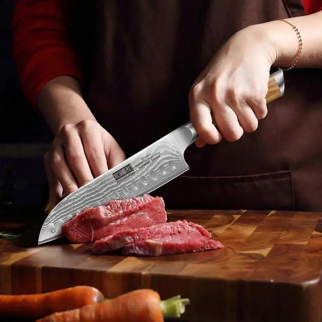 Alt view image 6 of 7 - HOSHANHO Damascus Santoku Knife 7 Inch, Professional Japanese Damascus Super Steel Kitchen Knife, Sharp Cooking Knife with Durable Ergonomic Olive Wood Handle
