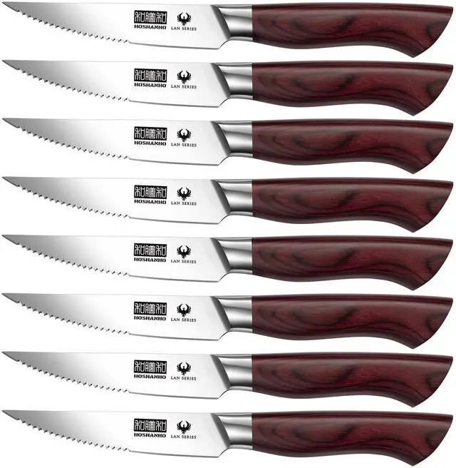 Main image of HOSHANHO Steak Knife Set 8 Pieces, 4.5 Inch Super Sharp High Carbon Stainless Steel Steak Knife Set, Professional Premium Serrated Precise Cutting with Ergonomic Wood Handle