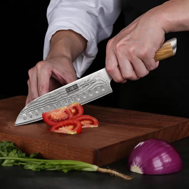 Alt view image 7 of 7 - HOSHANHO Damascus Santoku Knife 7 Inch, Professional Japanese Damascus Super Steel Kitchen Knife, Sharp Cooking Knife with Durable Ergonomic Olive Wood Handle