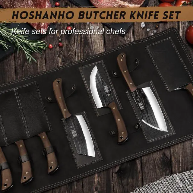 Alt view image 5 of 7 - HOSHANHO Butcher Knife Set, Hand Forged Butcher Chef Knife Set with Roll Bag, Sharp Kitchen Knife Set of Meat Cleaver Knife Bone Chopper Knife Fillet Knife Set for Home & Camping & BBQ Gift for Men