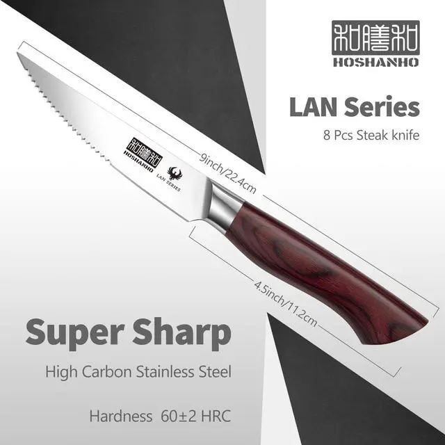 Alt view image 2 of 7 - HOSHANHO Steak Knife Set 8 Pieces, 4.5 Inch Super Sharp High Carbon Stainless Steel Steak Knife Set, Professional Premium Serrated Precise Cutting with Ergonomic Wood Handle