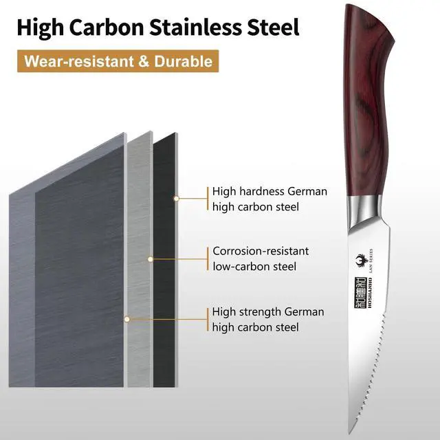 Alt view image 4 of 7 - HOSHANHO Steak Knife Set 8 Pieces, 4.5 Inch Super Sharp High Carbon Stainless Steel Steak Knife Set, Professional Premium Serrated Precise Cutting with Ergonomic Wood Handle