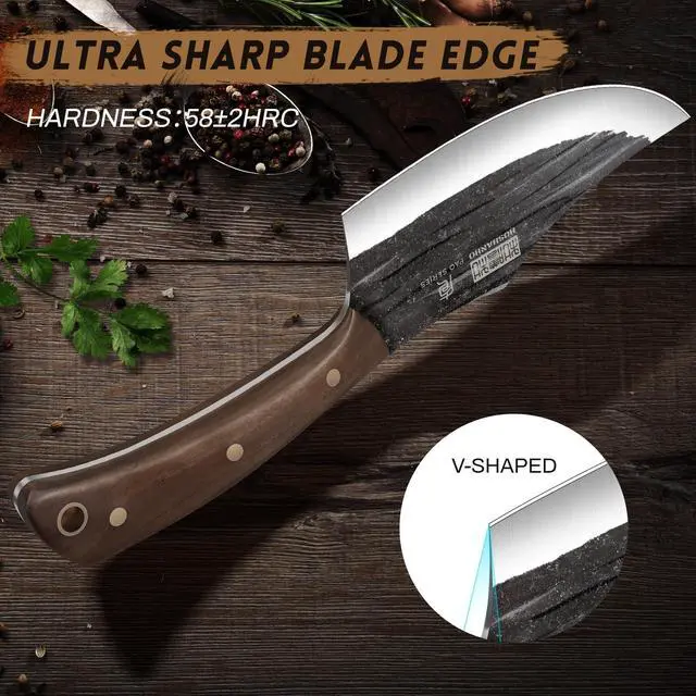 Alt view image 4 of 7 - HOSHANHO Butcher Knife Set, Hand Forged Butcher Chef Knife Set with Roll Bag, Sharp Kitchen Knife Set of Meat Cleaver Knife Bone Chopper Knife Fillet Knife Set for Home & Camping & BBQ Gift for Men